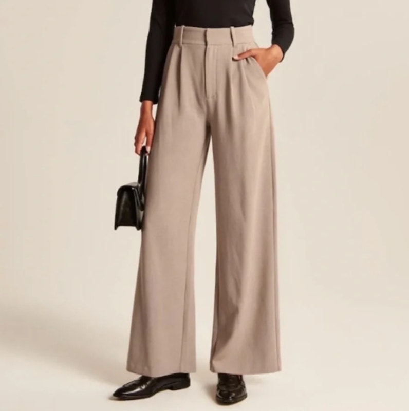Abercrombie & Fitch Tailored Wide Leg Pant Heathered Taupe Khaki Tan Sz L {3w33}